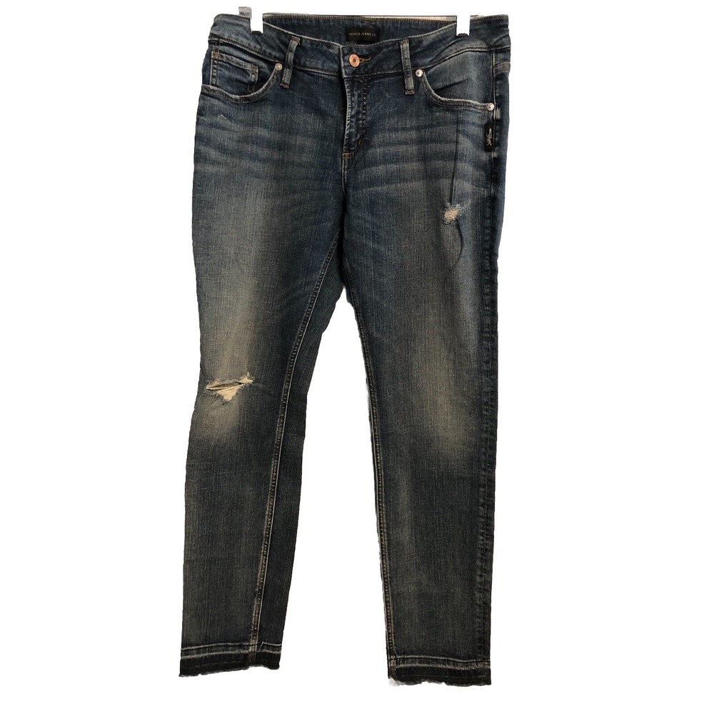 Silver Womens Jeans 31x27 Blue Boyfriend Raw Hem Distressed Stretch Flex Denim